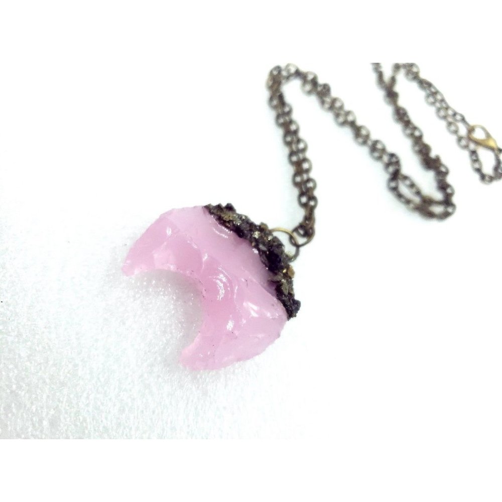 Pink moon and pyrite crystal Necklace - Picture 3 of 11